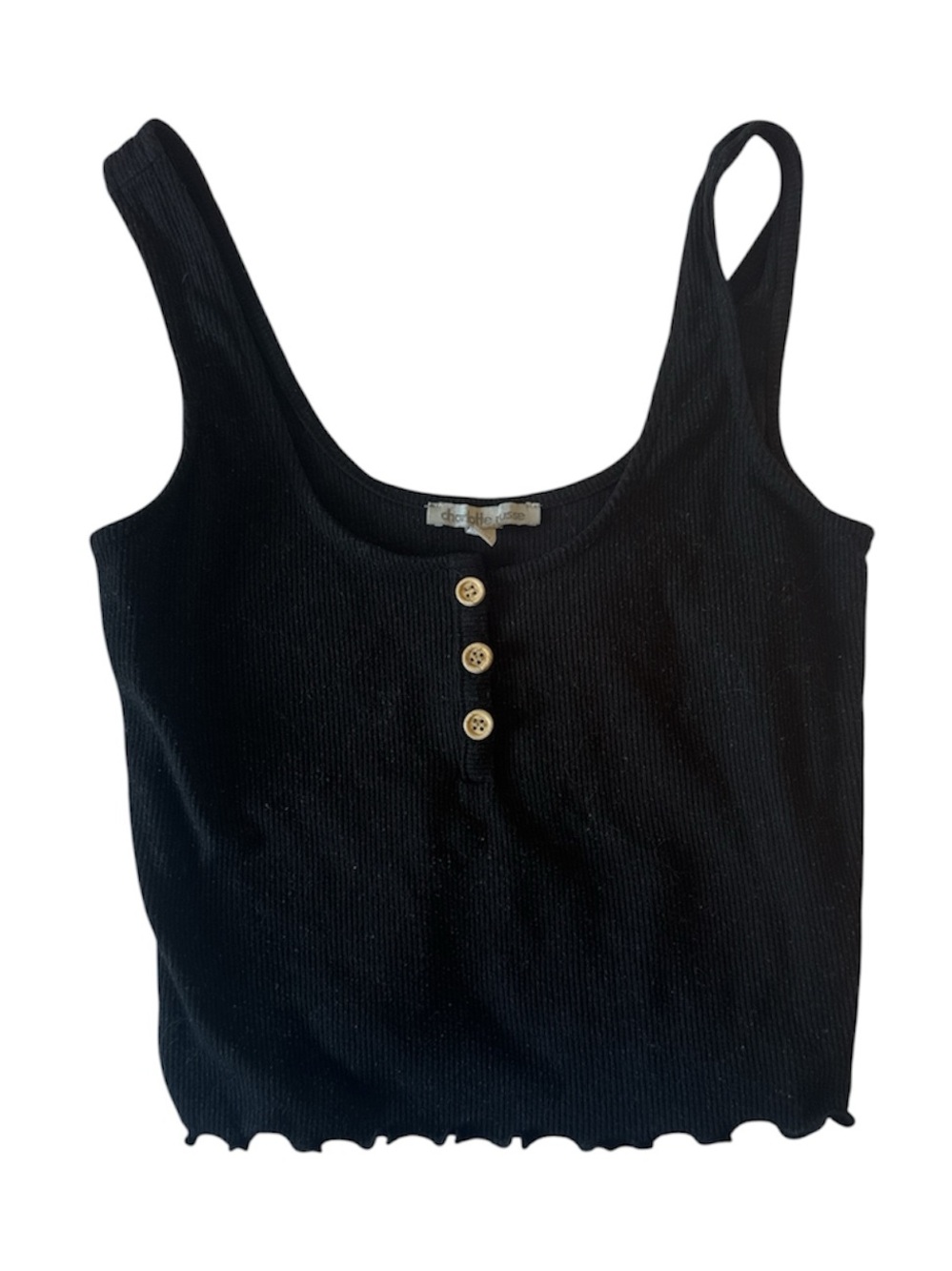 Charlotte Russe Black Ribbed Cropped Tank with Button Front